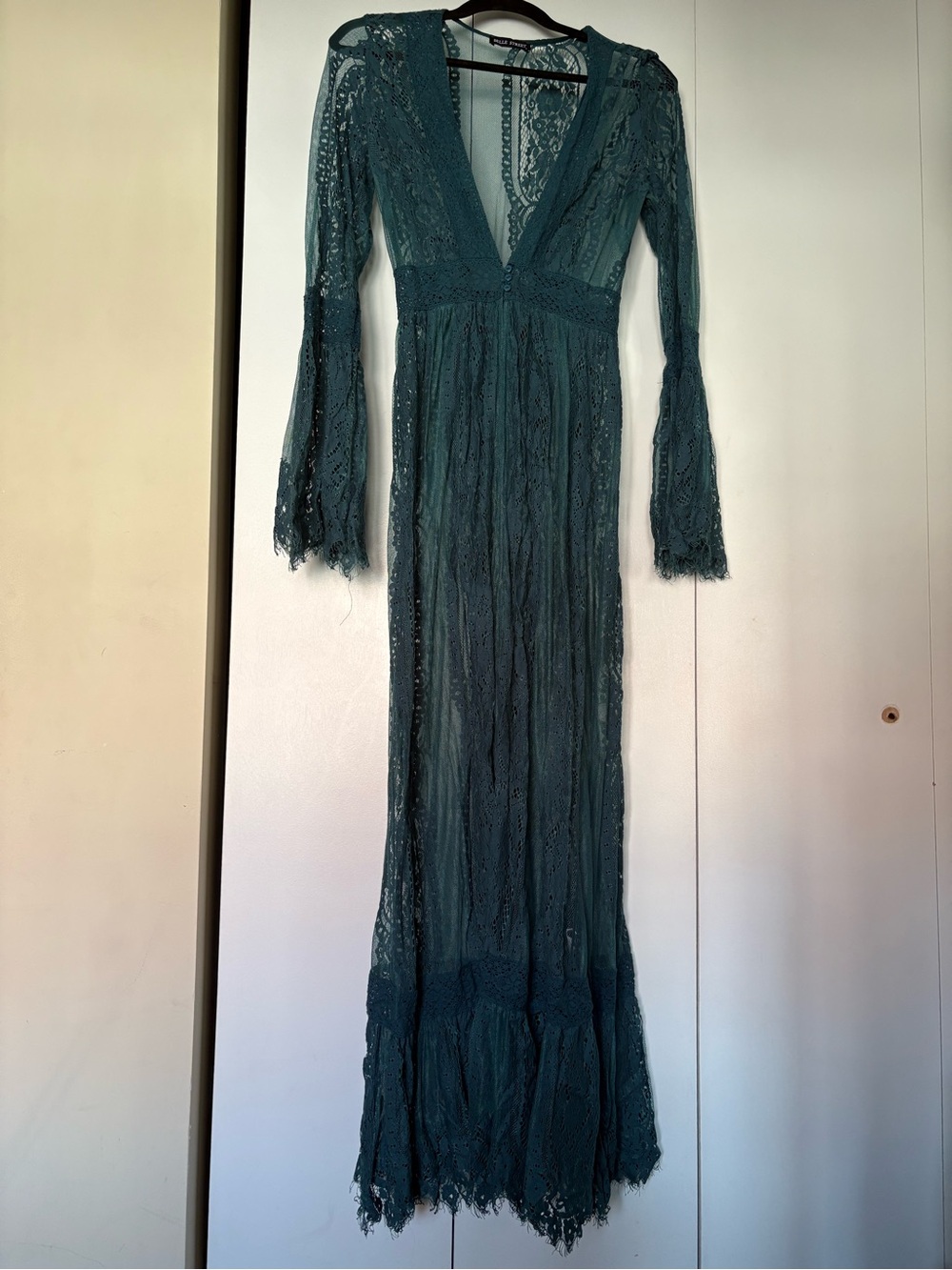 Long Teal Lace V-Neck Maxi Dress with Sheer Details